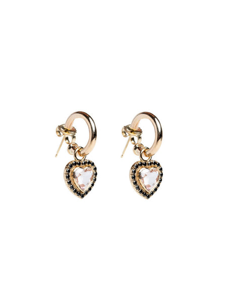 Genevieve Lau jewelry.  Gold hoop earrings with drop--pink morganite heart shaped stones surrounded by black diamonds. Shown in yellow gold.  Gold hoop earrings.  