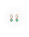 Rose gold heart-shaped emerald earrings on a white background
