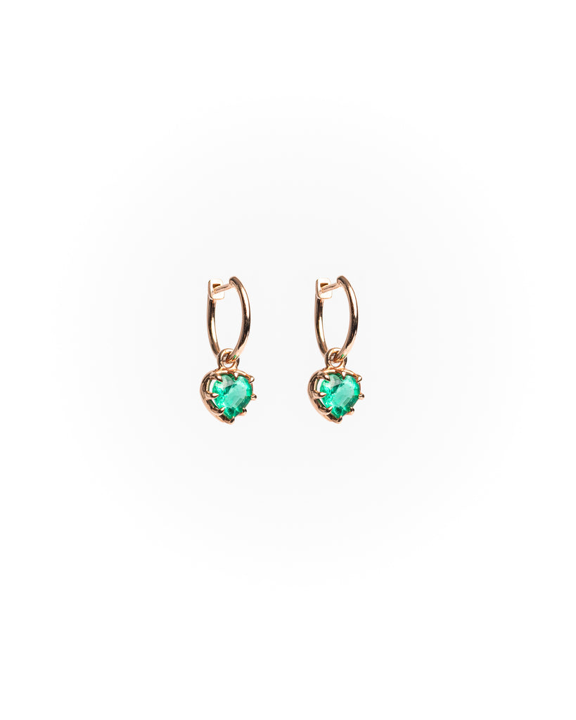 Rose gold heart-shaped emerald earrings on a white background