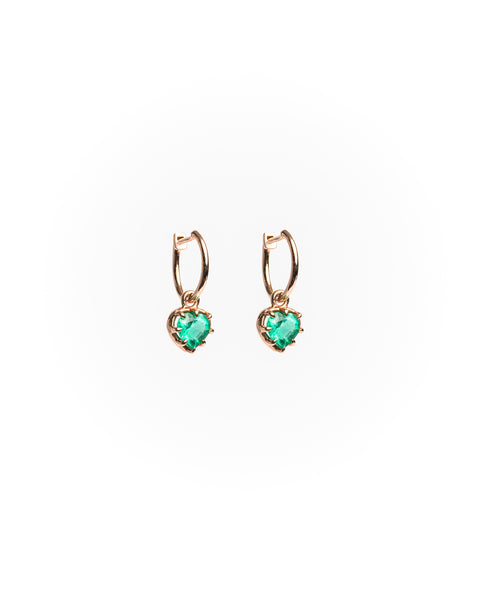 Rose gold heart-shaped emerald earrings on a white background