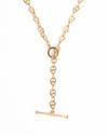 Gold necklace with heart-shaped links on a white background