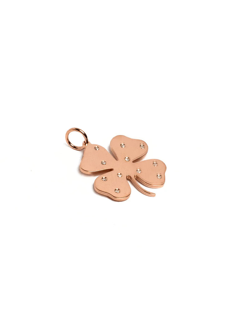 Genevieve Lau jewelry, shamrock charm, lucky charm pendant with diamonds, shown in rose gold. 
