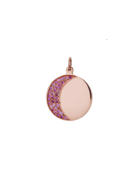 Genevieve Lau jewelry.  Pink Aid mini moon charm.  Rose gold disc with pink sapphire moon.  Pink Aid charity item. 