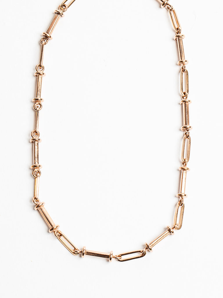 Genevieve Lau Jewelry. Sevilla gold chain necklace.  Gold chain made of alternating bars and paperclip links.  
